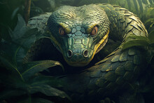 Big Dangerous Snake, Anaconda In Jungle Looking At Camera