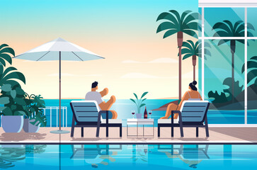 people relaxing at tropical luxury resort hotel beach swimming pool and poolside seating area summer vacation concept seaside