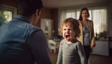 Angry Screaming Child With Desperate Parents.Stressed Exhausted Mother And Father Feeling Desperate About Screaming Stubborn Kid Tantrum, Upset Annoyed Parents Tired Of Naughty Difficult 