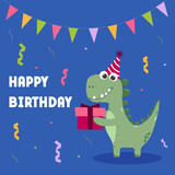 Fototapeta Dinusie - Birthday Card With Dinosaur Character. Vector illustration for children t-shirts, stickers, greeting cards.
