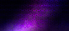 Brick Wall Texture Pattern, Blue, And Purple Background, An Empty Dark Scene, Laser Beams, Neon, Spotlights Reflection On The Floor, And A Studio Room With Smoke Floating Up For Display Products.