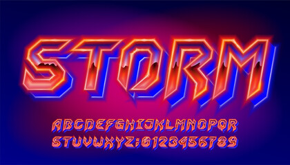 Poster - storm alphabet font. neon glow letters and numbers in hard rock style. retro typescript for your typ