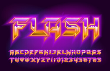 Poster - flash alphabet font. shining letters and numbers in hard rock style. retro typescript for your typog