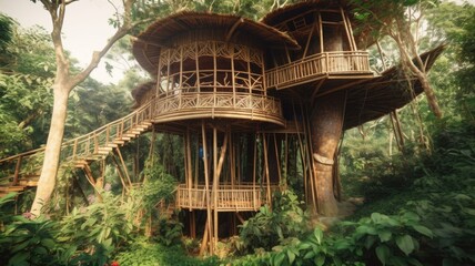 Wall Mural - The large tropical treehouse with stair in jungle. Generative AI image AIG30.