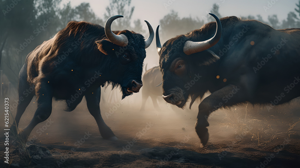 Angry bull fighting each other in cinematic scene with fire particles