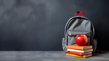 Grey Backpack, Stack Of Books And One Apple On Grey Background, Back To School Concept With Copy Space Created With Generative AI Technology