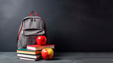 Grey Backpack, Books And Two Apples On Grey Background, Back To School Concept With Copy Space Created With Generative AI Technology