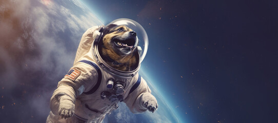 Wall Mural - astronaut dog in space. banner, copy space. ai generation