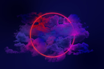 Wall Mural - Neon light ring on dark night sky. Glowing geometric shape