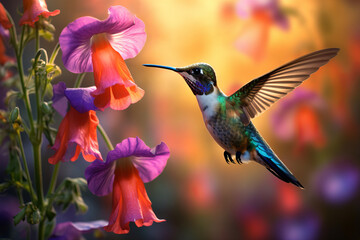 Wall Mural - Hummingbird hovering to pick up nectar from a beautiful flower