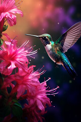 Wall Mural - Hummingbird hovering to pick up nectar from a beautiful flower