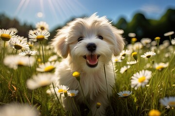 Wall Mural - an adorable puppy playing in a field of daisies, generative ai