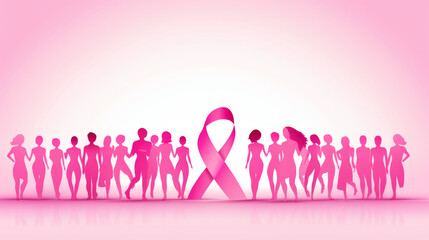 The Breast Cancer Awareness Month background illustration with pink ribbon logo and people silhouette