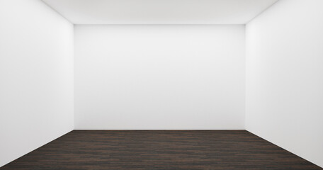 Poster - Empty room with newly painted white walls and black wooden laminated floor with spotlights. empty place. the podium showroom for text design and presentation