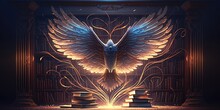 Magic Library Feathers With Wings Flying Fairy Lights, Generative AI