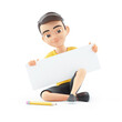 3d boy sitting on the floor and holding placard