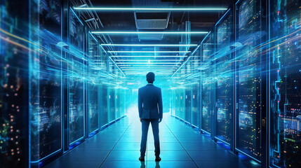 Poster - Network and internet communication technology concept, data center structure, server racks with telecommunication equipment. AI Generative.