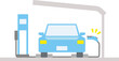 電気自動車が屋根付きの駐車場で充電する様子を正面から描いたイラスト