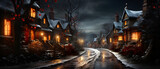 Fototapeta Londyn - a snowy street is surrounded by a bunch of houses Generated by AI