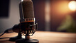 © PixxStudio - Close up microphone and blurred podcasting studio indoor background. Broadcasting concept Ai generated image