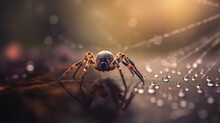 Close-up Of A Spider On A Web With Dewdrops. Spider Web Macro Bokeh. Spider Web With Dew In The Sunshine. Realistic 3D Illustration. Generative AI