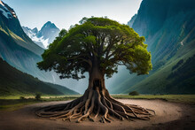 Huge Tree Resting At Foot Of Hill. Background Mountain Landscape