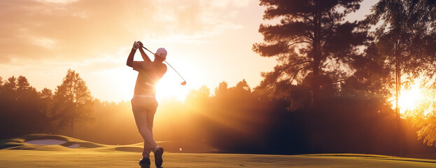 Golfer hit sweeping driver after hitting golf ball down the fairway. active with sunrise landscape and copy space
