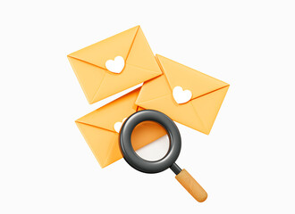 Poster - 3d letter search. yellow letter in envelopes with magnifying glass. check email. newsletters message