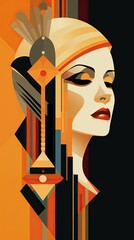 Wall Mural - A woman wearing a headdress with a feather on her head. Generative AI. Poster in art deco style. Digital wallpaper.