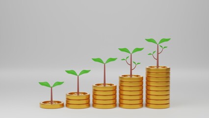 Wall Mural - green leaves on gold coin stacking 3D render minimal background for business concept financial, banking and investment with money growth success.