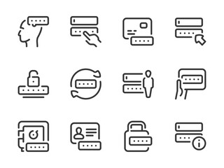 Poster - Password and Entry vector line icons. Pass code and Login outline icon set. Change password, Create a code, Account access, Profile login, Personal cipher and more.