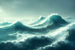 Illustration of a rough sea with big waves in a storm.