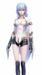© tilialucida - A woman with blue hair wearing a white shirt and black shorts. Generative AI.