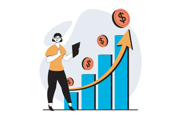 Poster - stock market concept with people scene in flat design for web. woman making success invests and gett
