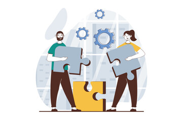 Aufkleber - Teamwork concept with people scene in flat design for web. Woman and man holding puzzle pieces, working on project and supporting. Vector illustration for social media banner, marketing material.