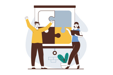 Aufkleber - Teamwork concept with people scene in flat design for web. Woman and man collecting puzzle pieces, partnership and work collaboration. Vector illustration for social media banner, marketing material.