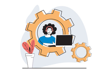 Poster - Technical support concept with people scene in flat design for web. Man in headset answering client messages or calls, finding solving. Vector illustration for social media banner, marketing material.