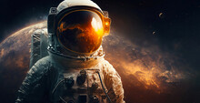 Astronaut Explores The Planets In Outer Space, Portrait Of An Astronaut. AI