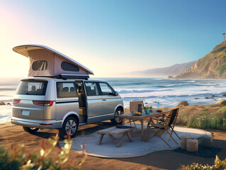 New white camper van with a rooftop tent in front of a beautiful seascape during sunset. Family travel by car. Generative AI