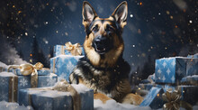 German Shepherd Dog In The Snow With Christmas Packages Generativa IA