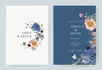 Wall Mural - Elegant wedding invite save the date card set. Pastel watercolor style flowers. Editable floral vector illustration. Blue, pink anemone, white petals, blackberry, golden glitter bouquet wreath, border