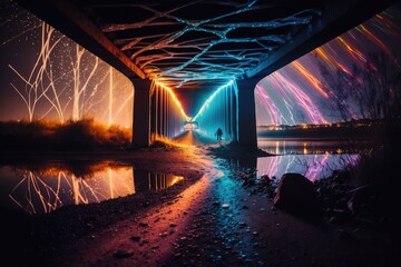 Sticker - A silhouette of a woman walking under a bridge at night in the fog