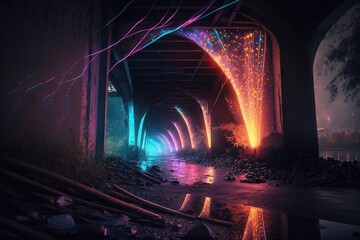 Wall Mural - Futuristic night scene of the bridge over the river