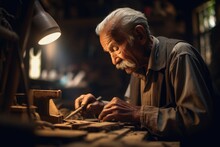 In A Bustling Workshop, A Craftsman Meticulously Shapes A Piece Of Wood. Generative AI