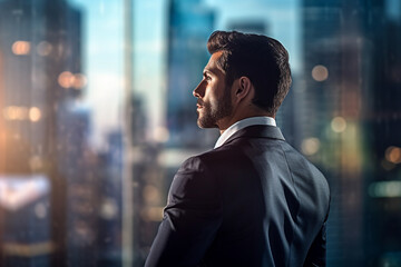 businessman looking out into city skyline with Generative AI