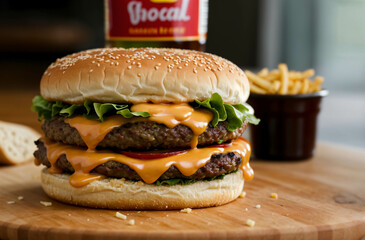 Cheesburger on a wooden table in a restaurant