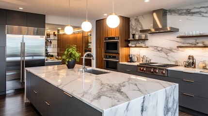 A modern kitchen with sleek appliances and a spacious marble countertop, generative ai