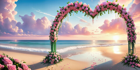 Wall Mural - beach wedding venue, wedding setup, cabana, arch, gazebo decorated with flowers, beach wedding setup