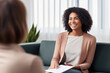 © July P - A woman smiles at a meeting with a psychologist or an interview. Photorealistic illustration of Generative AI.