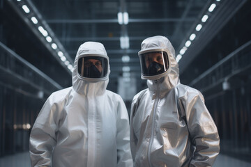 two engineering workers in protective suit standing in a factory with Generative AI